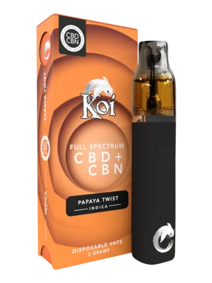 Koi_PapayaTwist-MainWDispo_FrontLeftAngle__88069 Koi Full Spectrum CBD + CBN Disposable Vape Bar (2 Gram) - Papaya Twist (Indica)