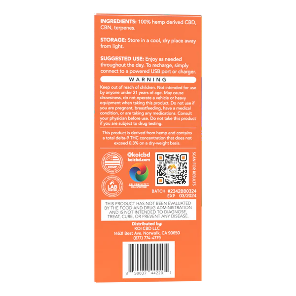 Koi Full Spectrum CBD + CBN Disposable Vape Bar (2 Gram) - Papaya Twist (Indica)