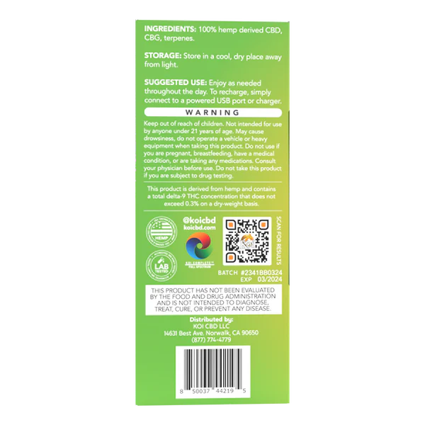Koi Full Spectrum CBD + CBG Disposable Vape Bar (2 Gram) – Pineapple Punch (Sativa)